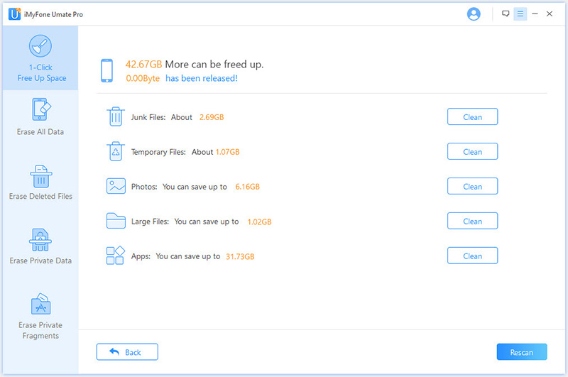 Шаг 2: Нажмите кнопку «Очистить» опции «Нежелательные файлы», чтобы очистить кэш iPad