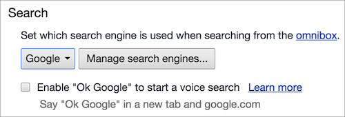 Кроме того, если вы установите Google в качестве поисковой системы по умолчанию, вы можете включить голосовой поиск;  при этом вы можете поговорить со своим Mac и сказать «Ok Google», чтобы начать голосовой поиск