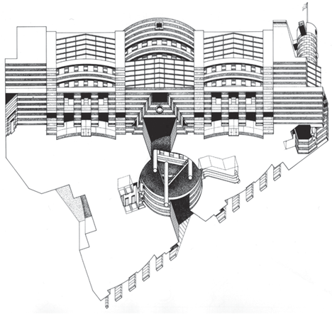 Эскиз птицы № 1 Джеймса Стерлинга   Схематическое изображение - нажмите для увеличения изображения   План крыши   Раздел   Высота улицы Королевы Виктории